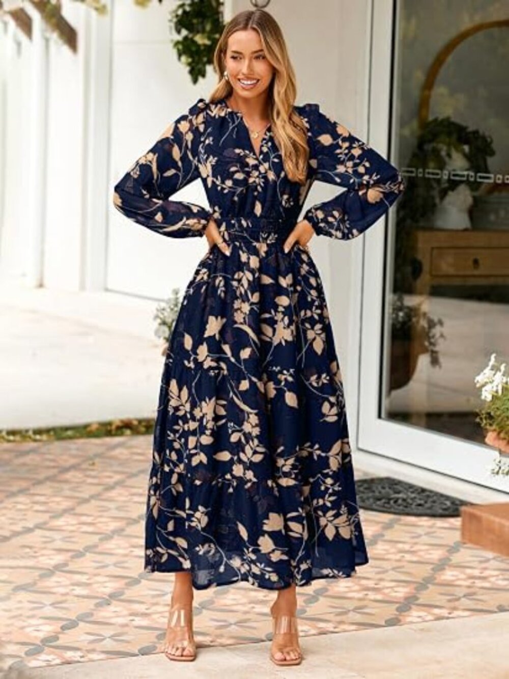 Women's Floral Boho Long Sleeve Maxi Dress V Neck Empire Waist Swing Flowy Weddi - Picture 2 of 5